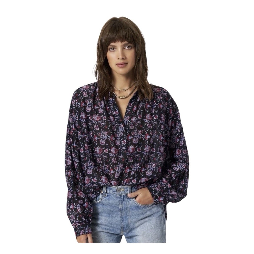 XIRENA Romi Silk Blend Top In‎ Black Beauty Women's Large Floral Paisley Blouse